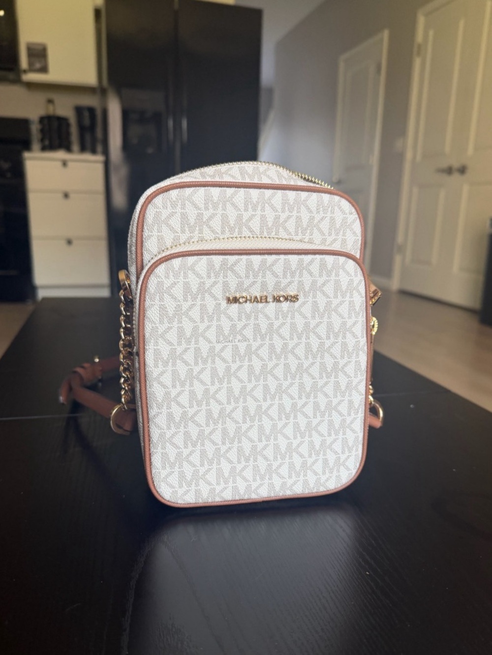 Michael Kors Logo Print Crossbody in White & Brown